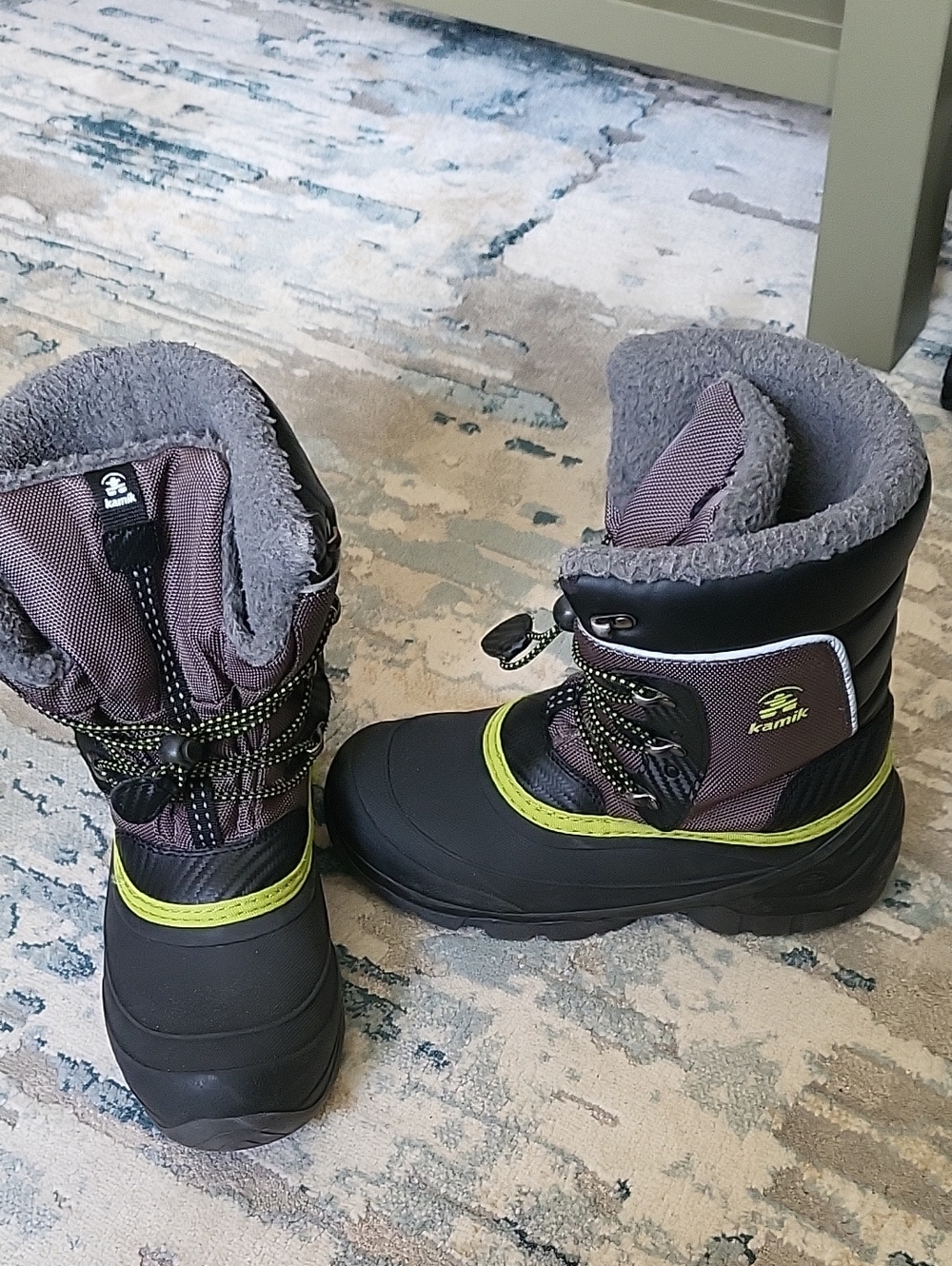 Kamik Kids Winter Boots in Black and Gray with Lime Accent
